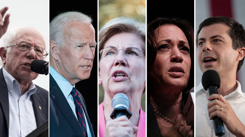 Fra venstre mod højre: Bernie Sanders, Joe Biden, Elizabeth Warren, Kamala Harris and Pete Buttigieg. 