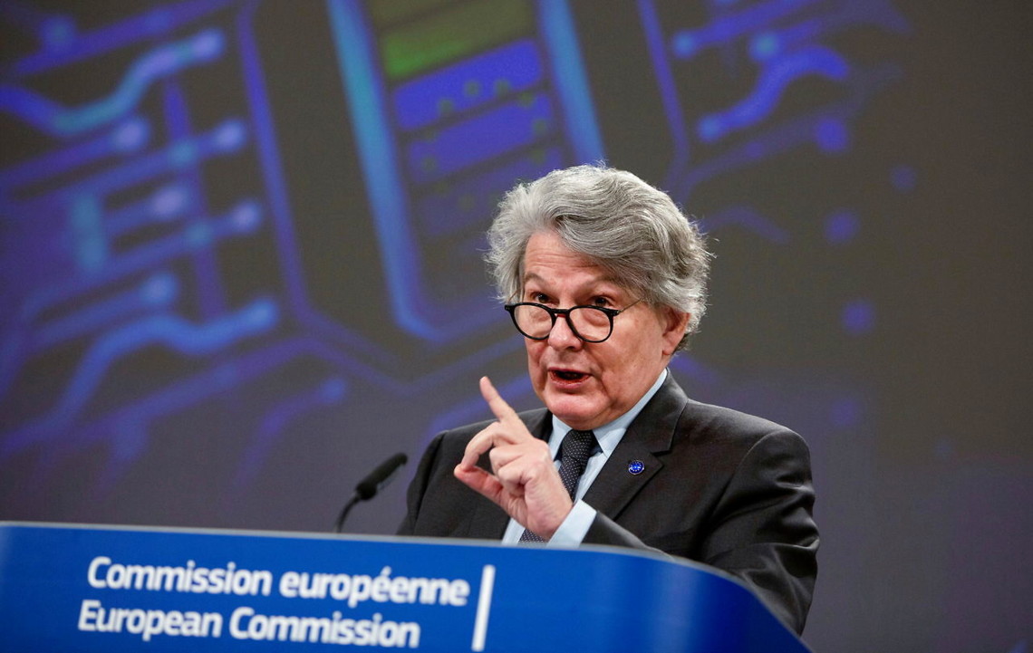 FILE PHOTO: European Commissioner for Internal Market Thierry Breton attends a news conference in Brussels